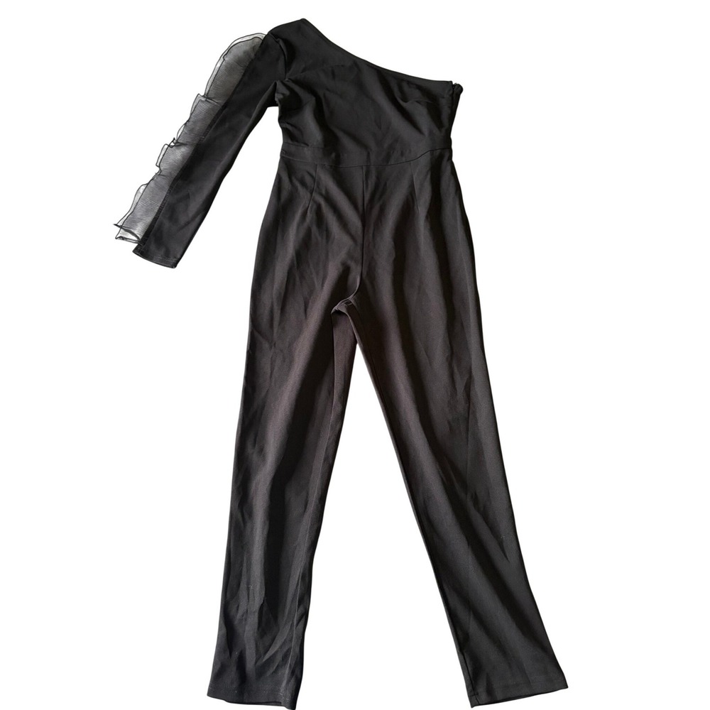 SHEIN Black One Shoulder Jumpsuit Mesh Ruffle Long Sleeve Slim Leg Small
